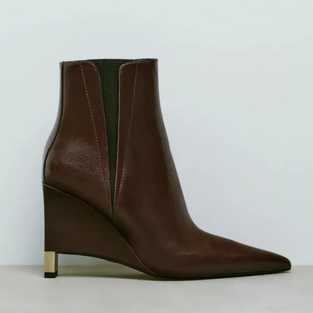 NWT Brown Pointed Toe Wedge Heel Leather Ankle Boots w/ Gold Details, 8 - Picture 2 of 5